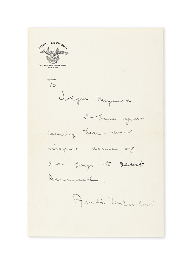 (AVIATORS.) EARHART, AMELIA. Brief Autograph Letter Signed, “Amelia M. Earhart,” to Jørgen Neegaard: